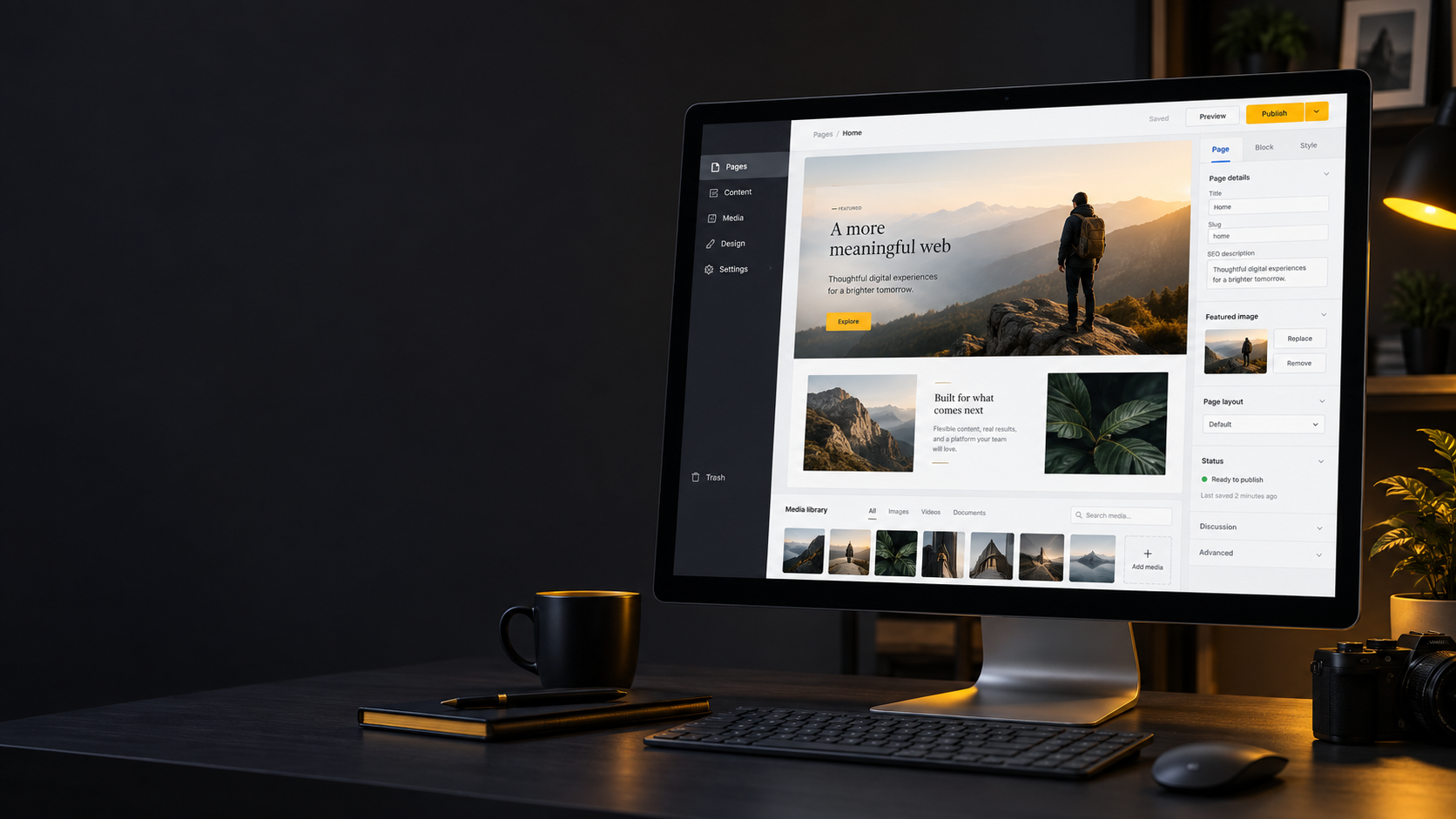 Content editor and page preview displayed on a desktop monitor