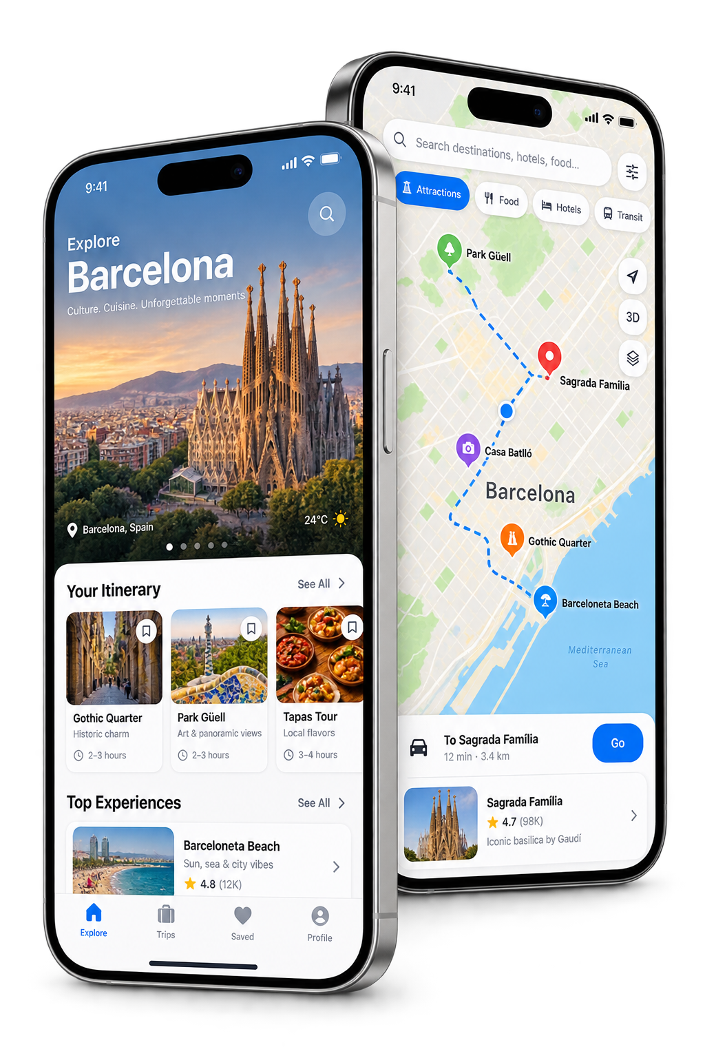 Two iOS app screens showing travel and map experiences