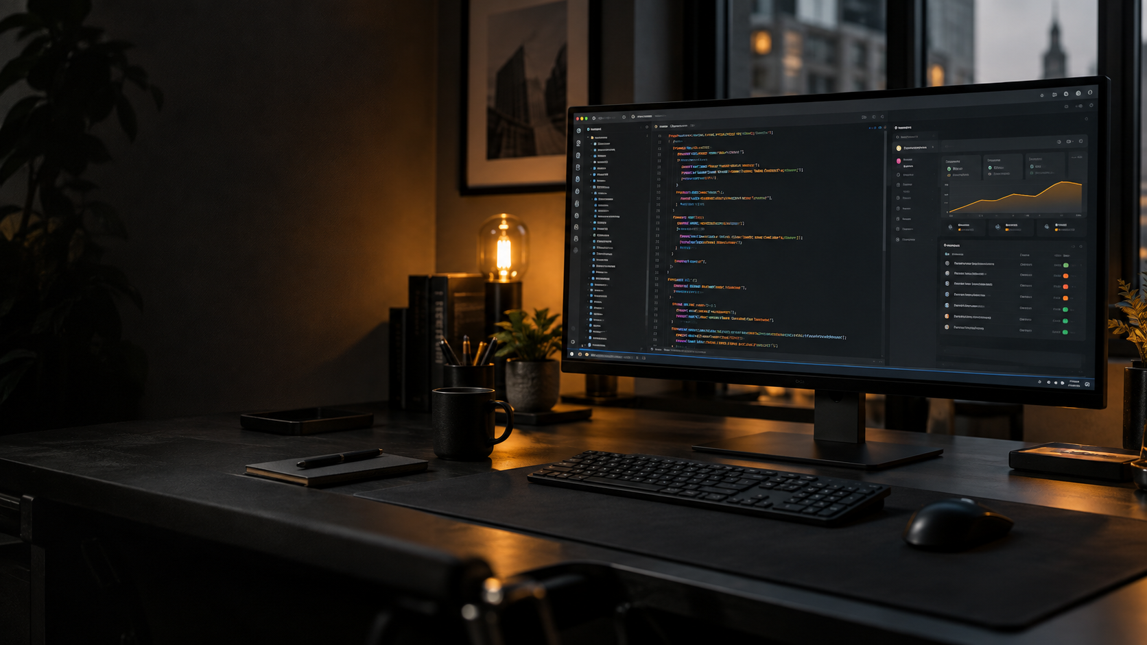 Software development workspace with code editor and application dashboard
