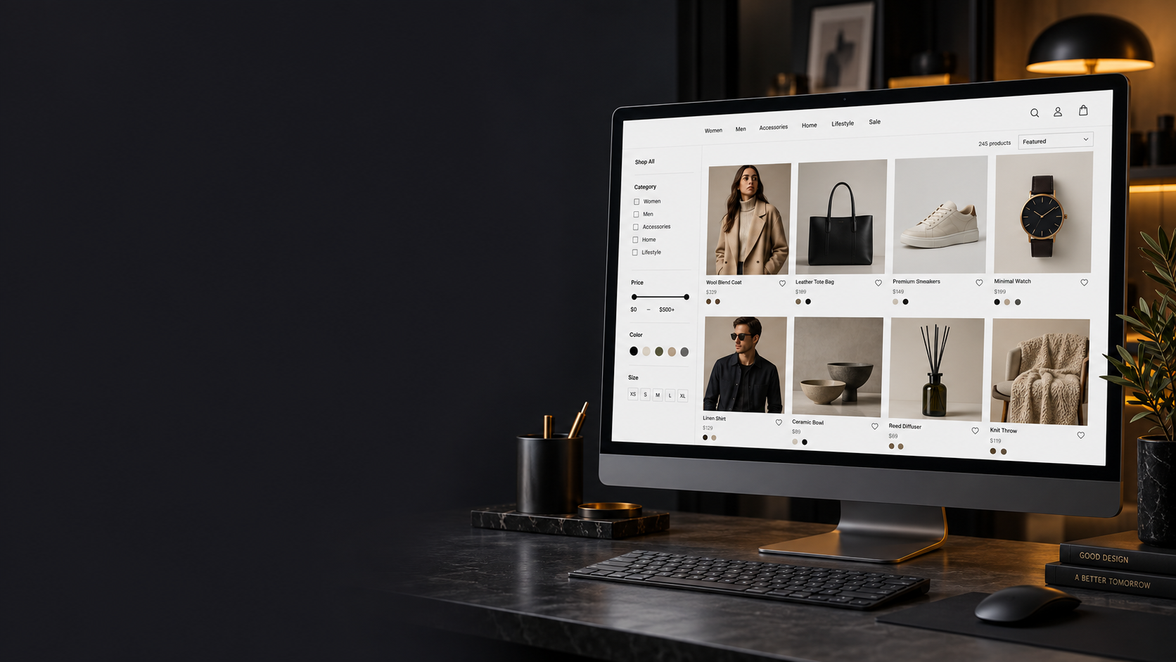 Magento ecommerce product catalog displayed on a desktop monitor