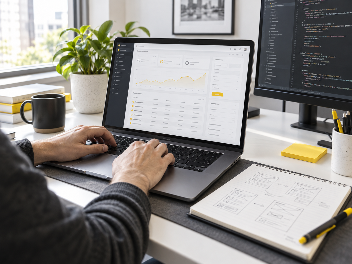 Developer working with a web application dashboard and code editor