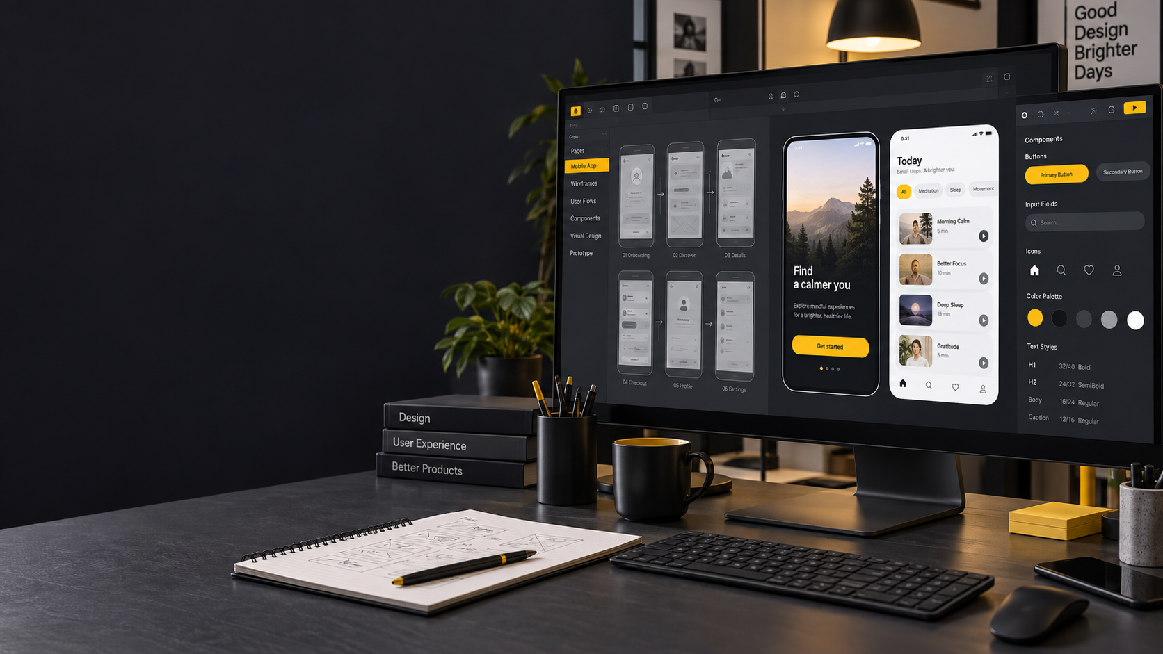 UI and UX design workspace showing mobile screens and reusable components