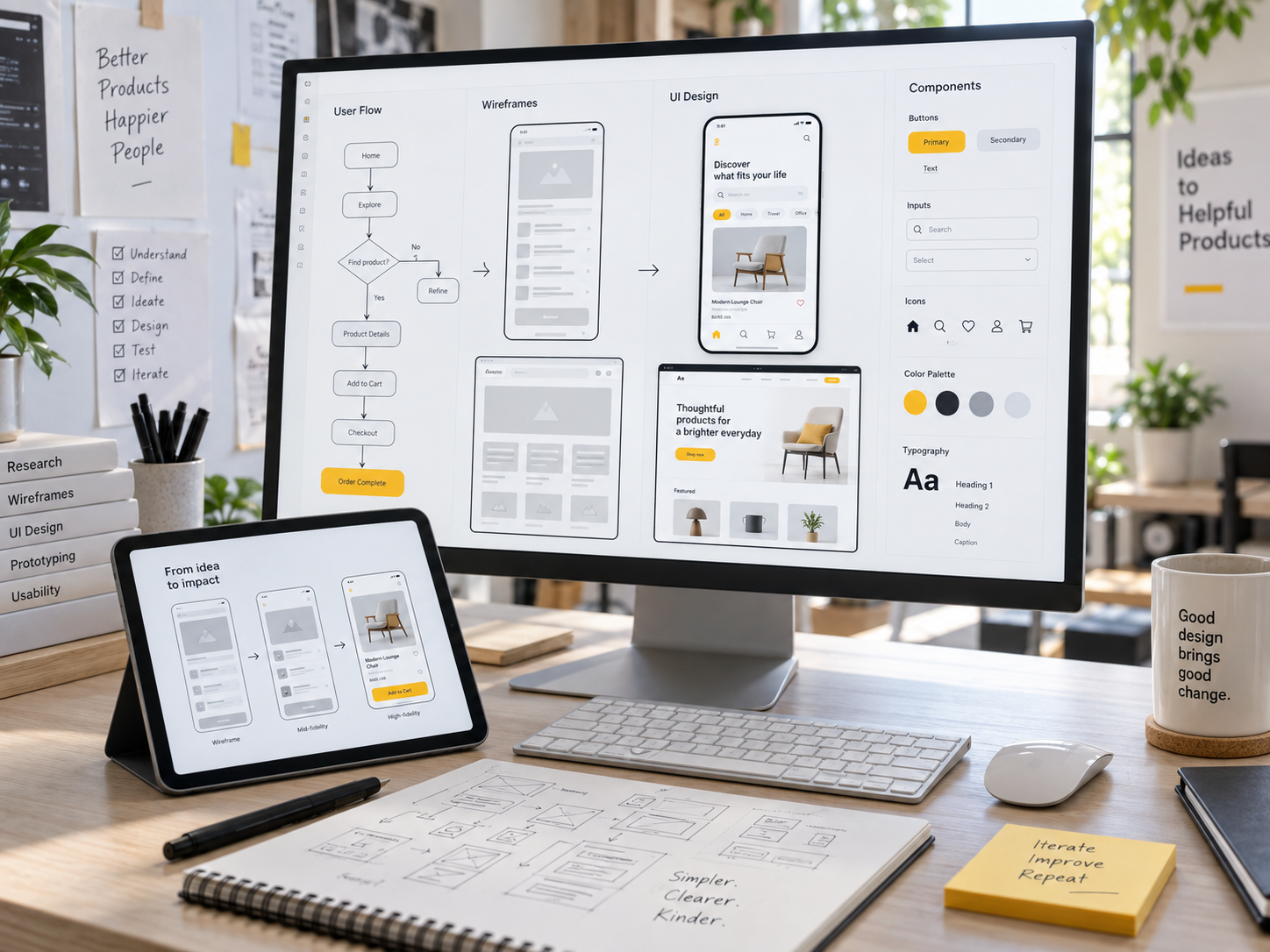 UI and UX design screens progressing from wireframes to polished interface
