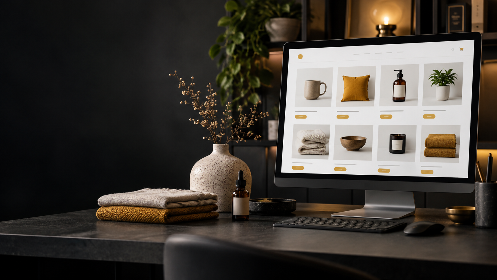 Online store product catalog displayed beside retail products
