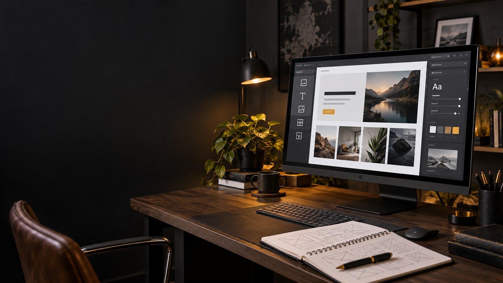 Website editor open on a designer's desktop monitor